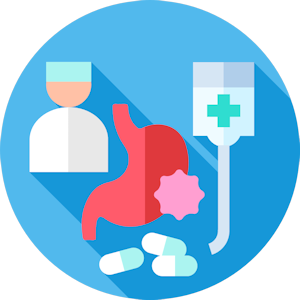 Icon: Chirurg, Magen mit Magenkrebs, Chemo-Infusion und Tabletten – Symbol für alle Behandlungen und Therapien bei Magenkrebs.