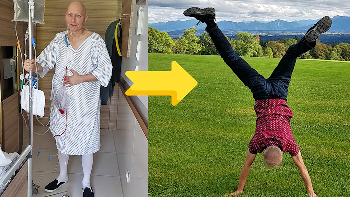 Vorher-nachher-Bild bei Magenkrebs: Mann in Klinik nach Magen-OP mit Infusionen, später nach erfolgreicher Behandlung geheilt im Handstand.