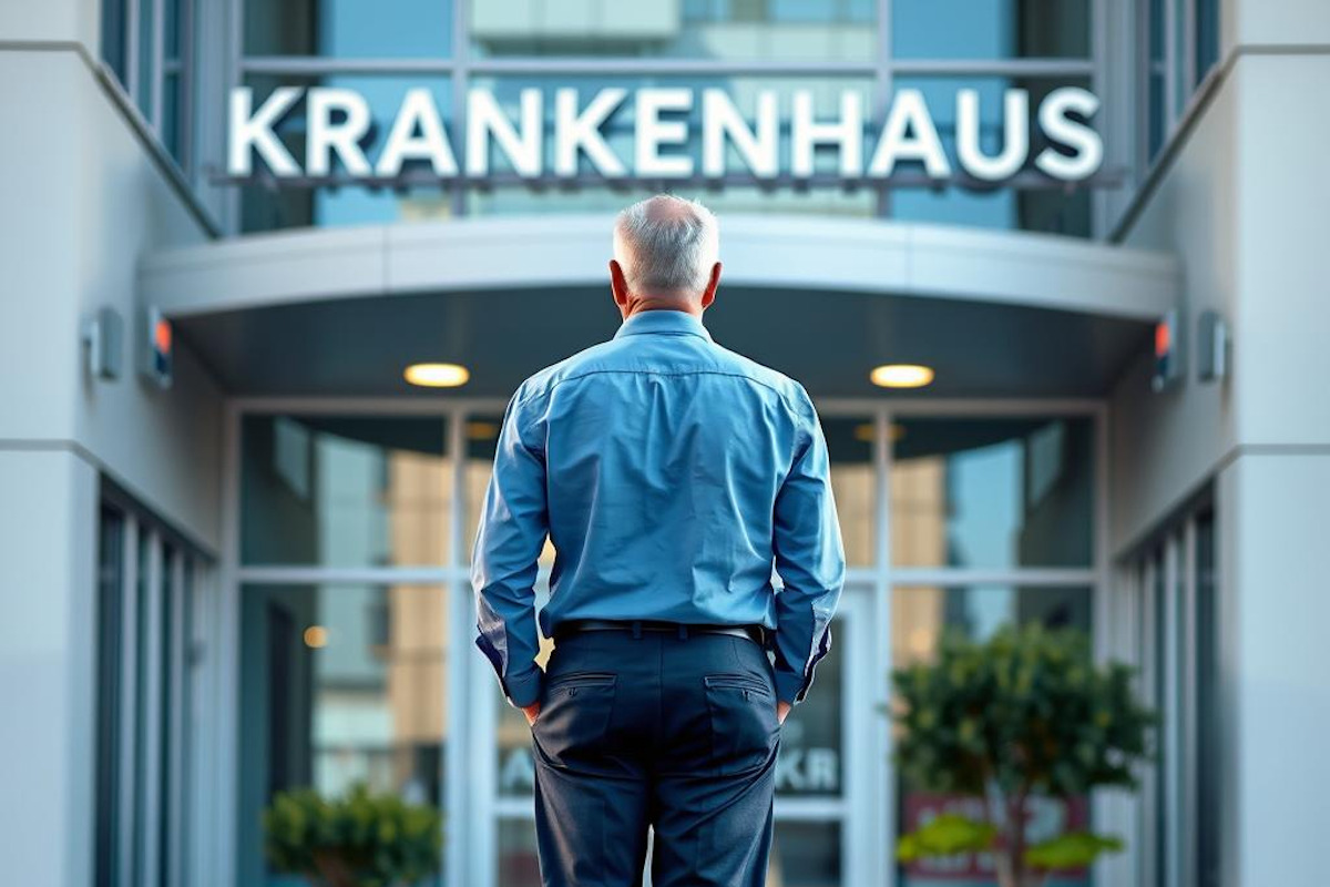 Patient mit Magenkrebs steht vor Klinik. Entscheidung für Chirurg und Klinik steht an.