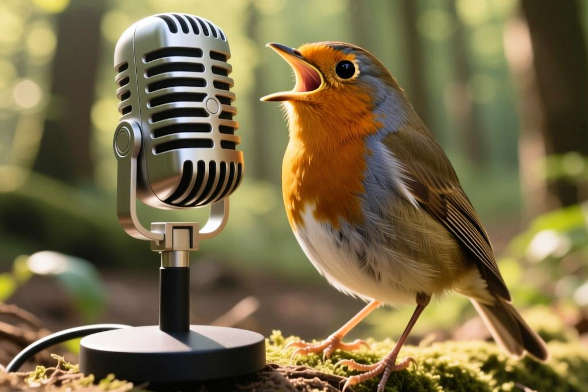 Naturgeräusche als Heilmittel: Vogel im Wald singt ins Mikrofon – Inspiration für Menschen mit Magenkrebs